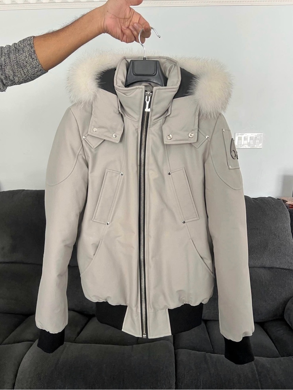 Moose Knuckles Men's Light Gray Bomber Jacket with Fur Trim